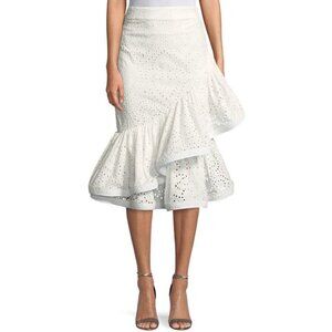 Johanna Ortiz asymmetric ruffle eyelet cotton skirt, White, Size 4, New with tag